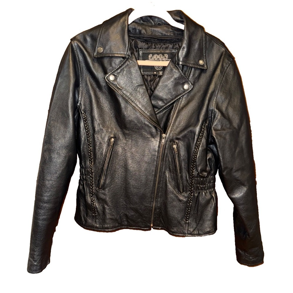 Leather Gallery women's Medium Black leather moto jacket braided accents zippers